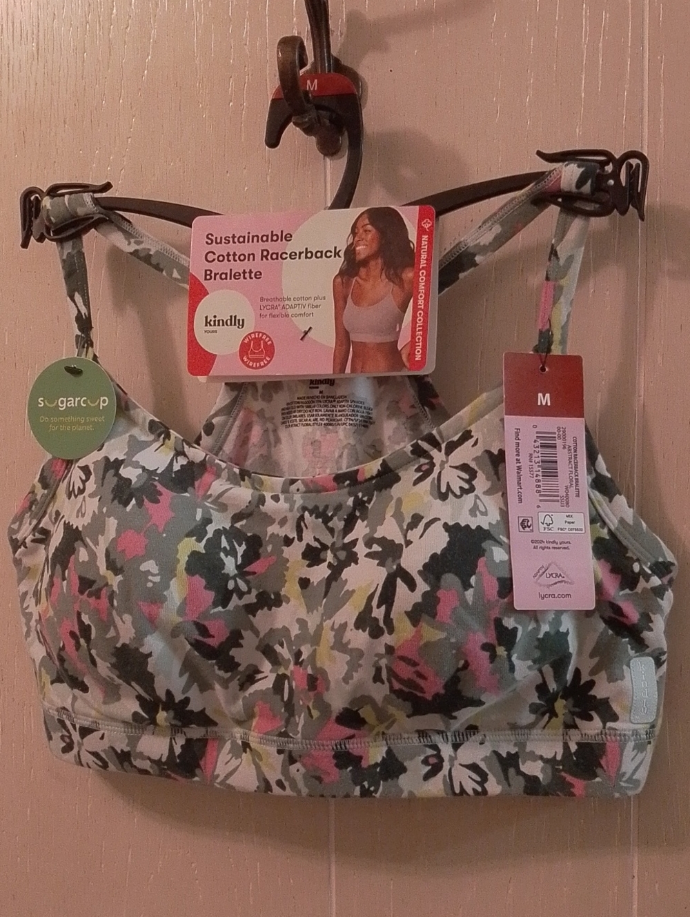 Kindly Sustainable Cotton Racerback Bralette - Floral Green/Pink (M)